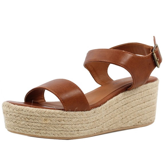 Shoes - Tan Open Toe Ankle Strap Espadrille Wedge